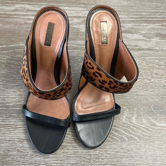 40-Schultz Black Leather and Leopard Stiletto Sandals Size: 8 Med. - Picture 5 of 12